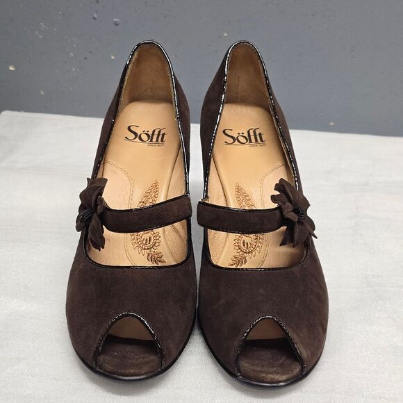 SOFFT GEVA MARY JANE SUEDE PUMPS BROWN PEEP TOE HEELS 7.5M - Picture 2 of 8